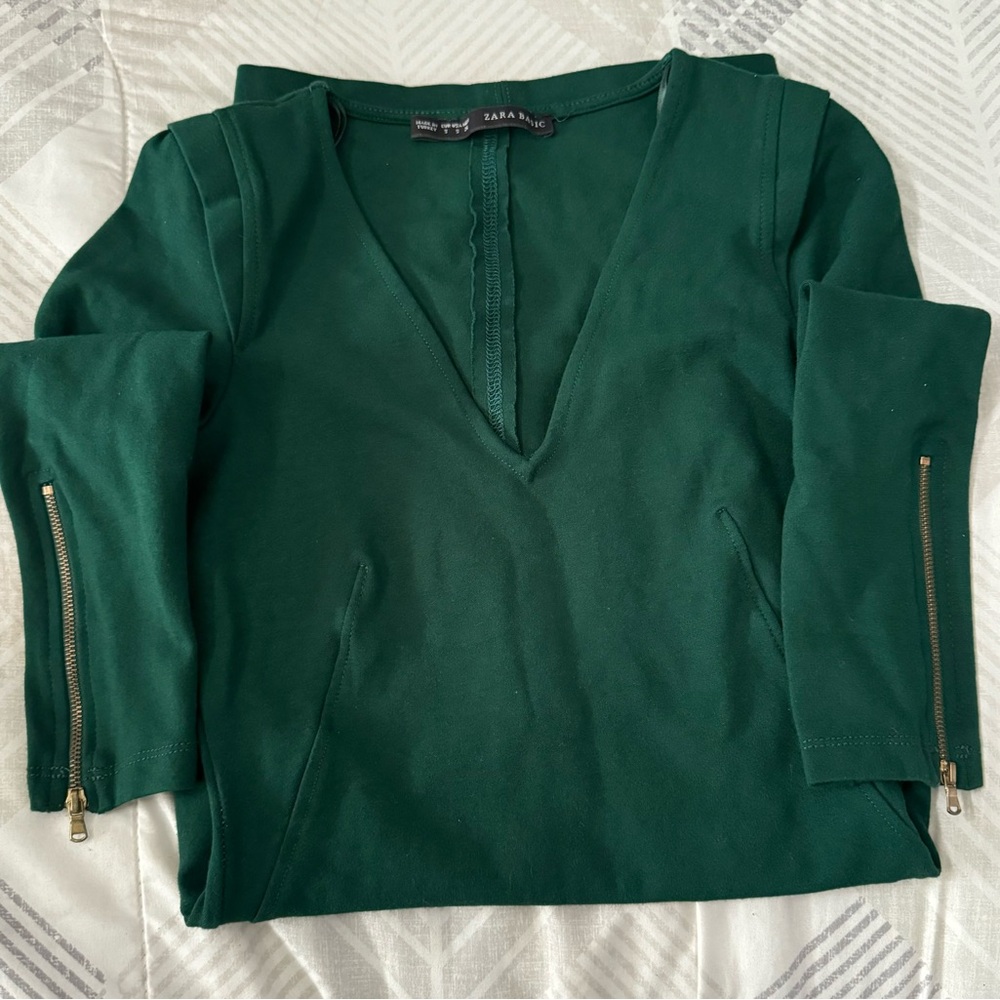 ZARA BASIC Green formal / cocktail dress with shoulder pads & sleeve zippers